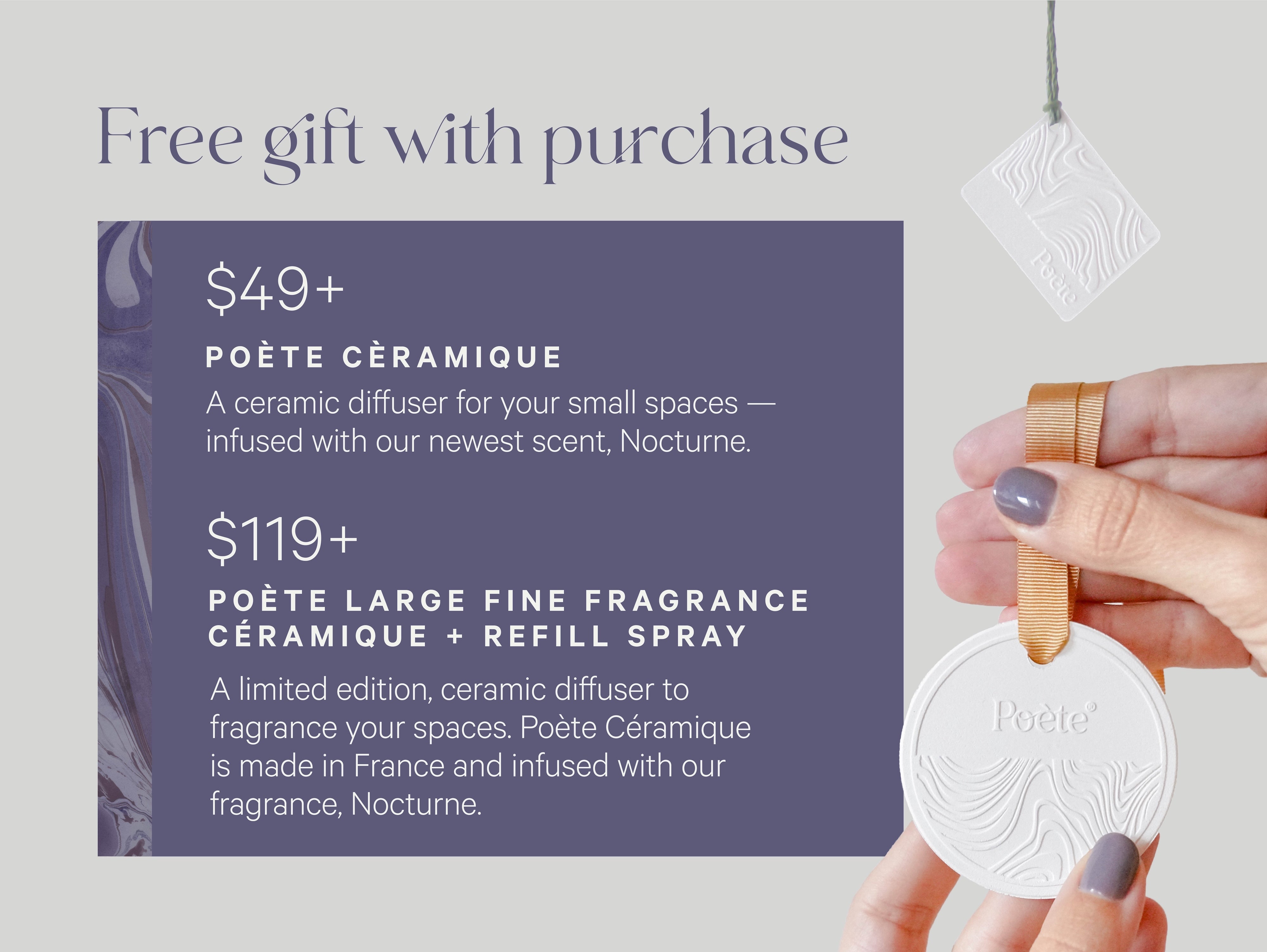 Poète offers: (a) free shipping on orders of $39+, (b) free Poète Céramique on orders over $49, and (c) free Poète Large Fine Fragrance Céramique + Refill Spray on orders over $119