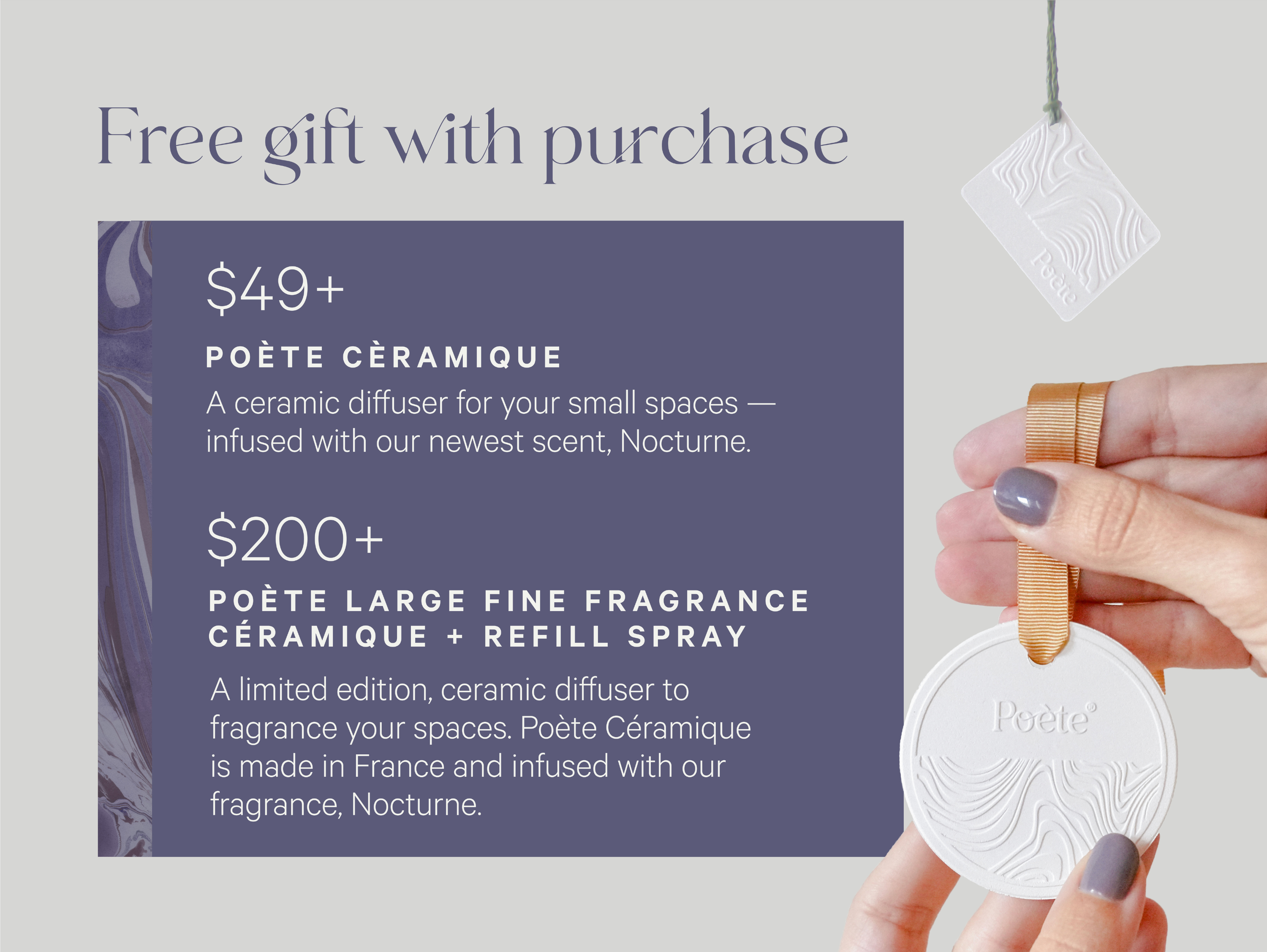 Poète offers: (a) free shipping on orders of $39+, (b) free Poète Céramique on orders over $49, and (c) free Poète Large Fine Fragrance Céramique + Refill Spray on orders over $119